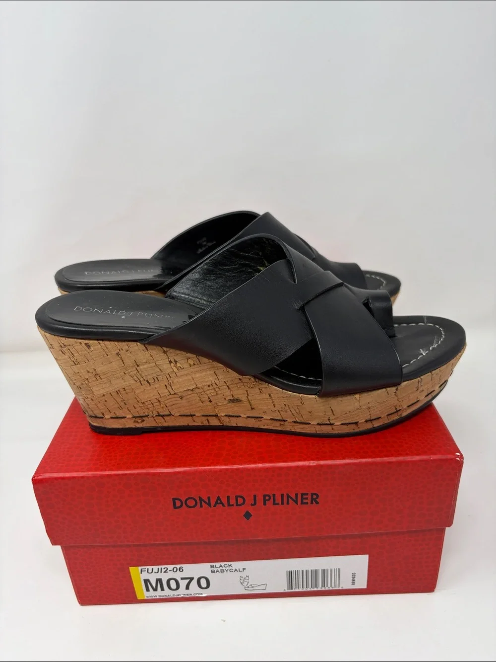 Donald J. Pliner Black Leather Cork Wedge Slide Sandals Size 7